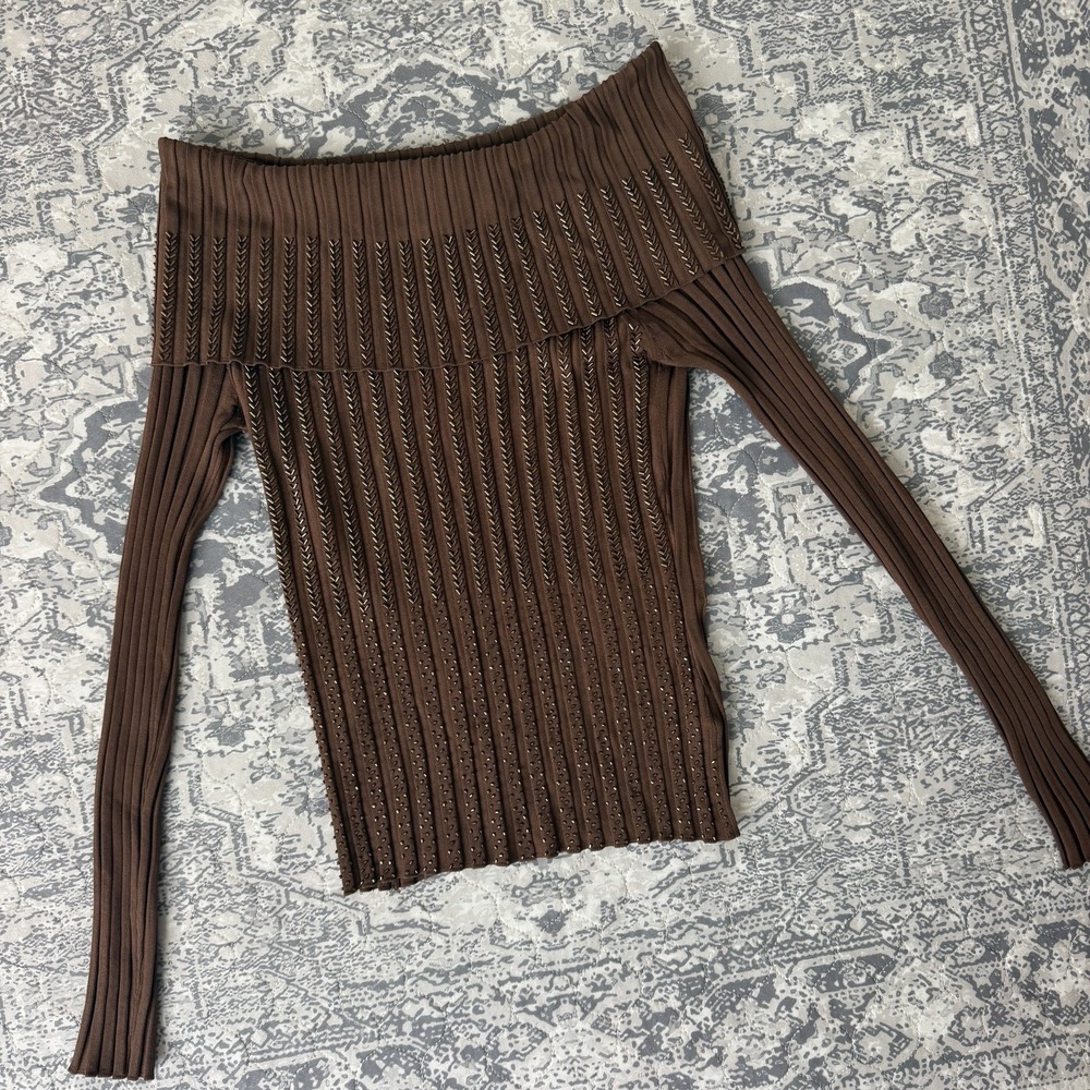 Cache Womens Pullover Cowl Neck Beaded Sweater Medium Brown Ribbed Knit Stretch